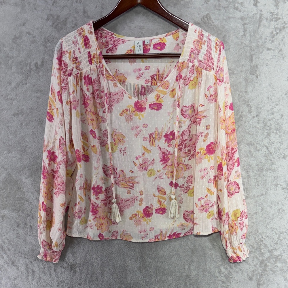 Joie Pink Floral Bohemian Smocked Trim Peasant Blouse with Tassels Size S